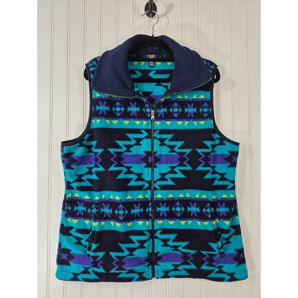 Chaps Sport Mens Fleece Vest Large Southwestern Geometric Teal Purple Full Zip